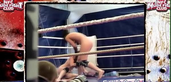  Dyke babes wrestle naked in a boxing ring